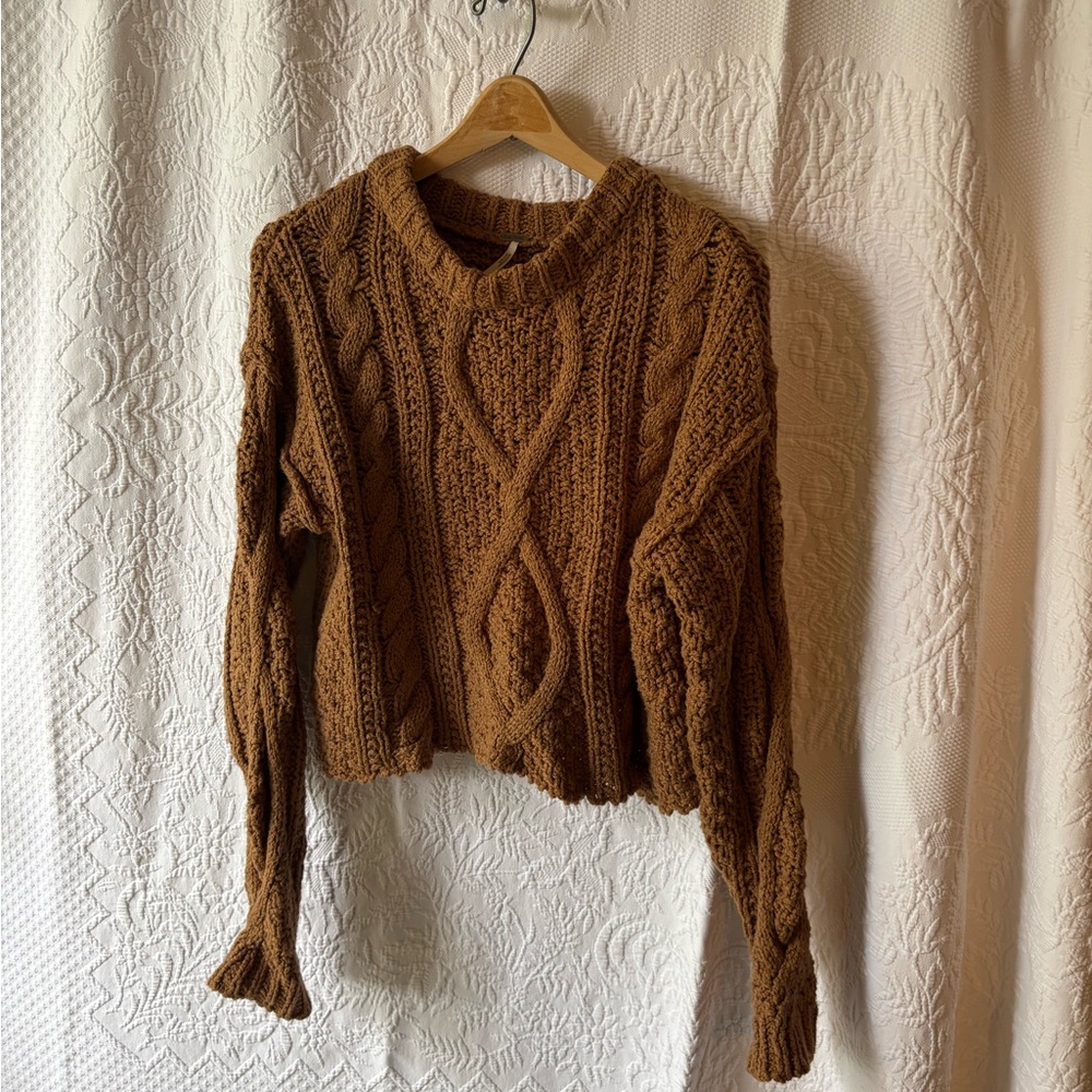 Free People Chunky Cable Knit Crewneck Sweater in Brown
